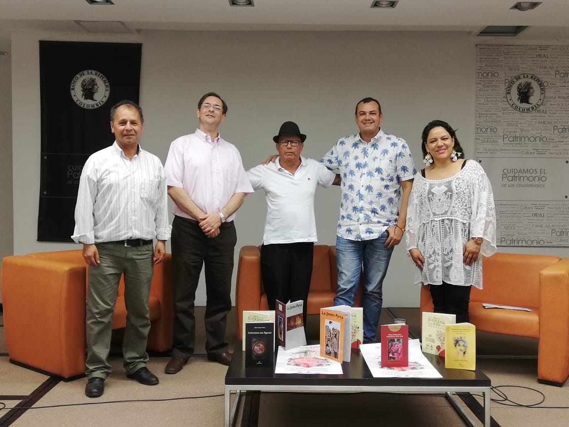 Jaime Gómez Nieto, Bogotá;  Fernando Chelle, Uruguay;  Arnulfo Rojas, Pitalito; Juan Vicente Gómez, Tolú y Ana Patricia Collazos, Directora del festival.